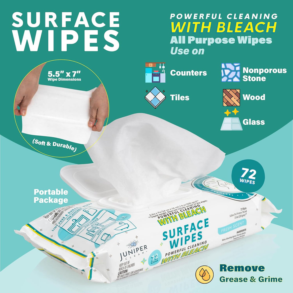 3 Pack Surface Cleaning Wipes with Bleach, All-Purpose Cleaner for Bathroom, Kitchen, Office, 216 Count Soft Flow