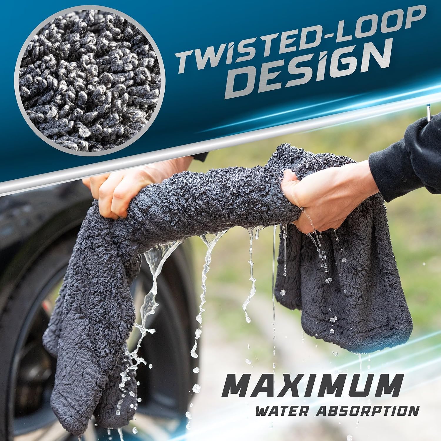 Car Drying Towel 24"x36" 1400GSM Edgeless Microfiber Towel, Ultra-Absorbent Auto Detailing Towel with Twisted-Loop