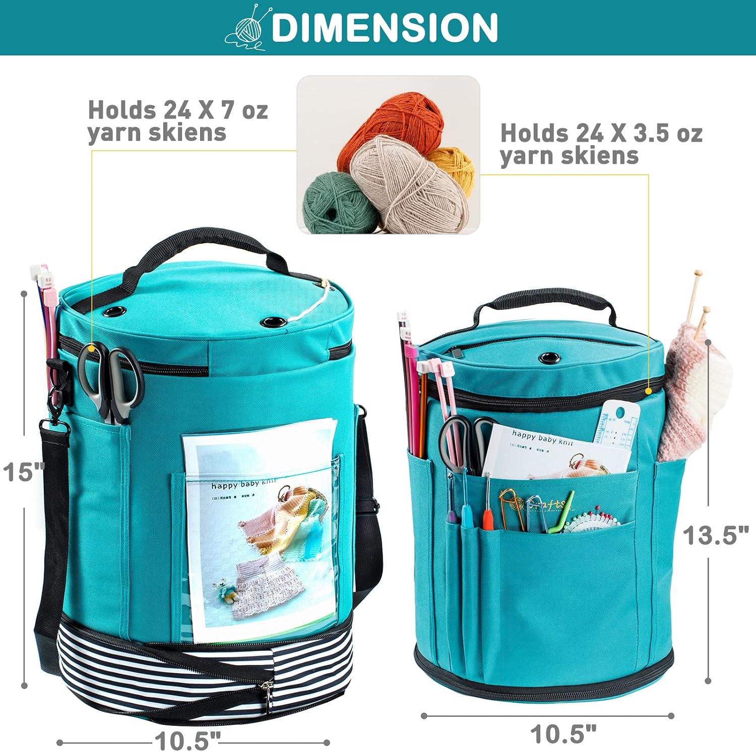 Expandable Yarn Storage Organizer, Crochet Bag & Yarn Tote with Zipper Closure, Yarn Holder for Crocheting and