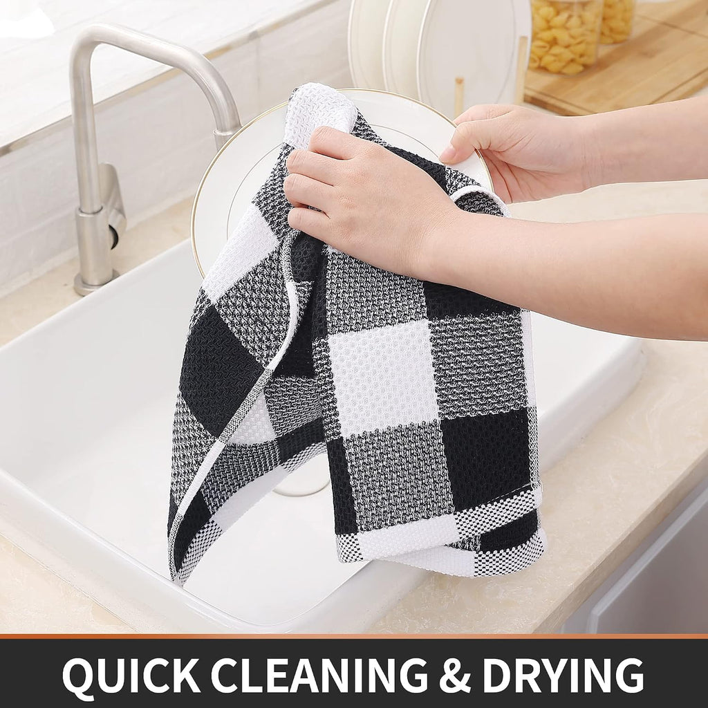Kitchen Towels and Dishcloths Set, Set of 8, White & Black | Bulk Cotton Waffle Weave Check Plaid Kitchen Towels