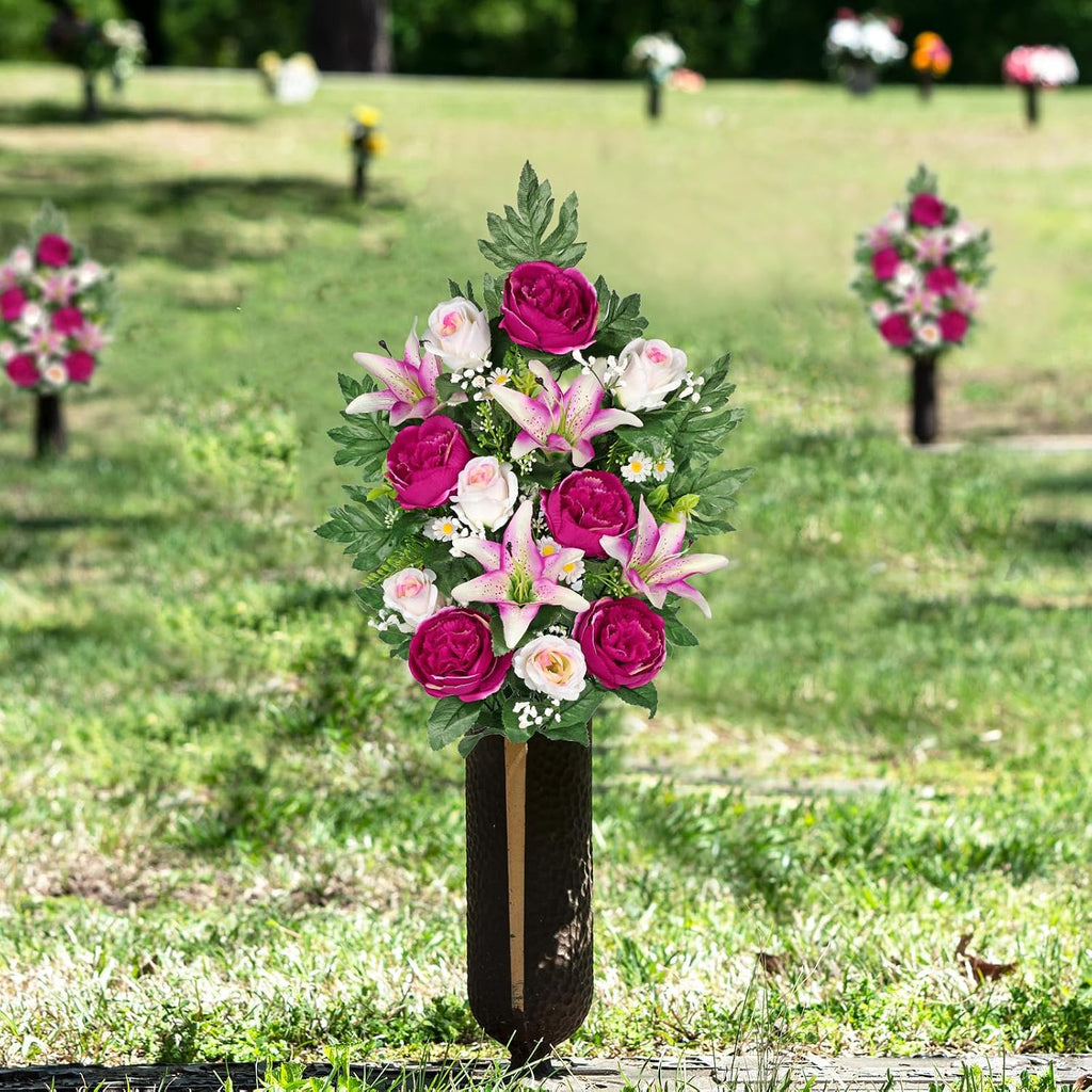 2 Set Artificial Cemetery Flowers for Grave, Silk Sympathy Grave Flowers Bouquet Fake Rose Peony Lily Floral