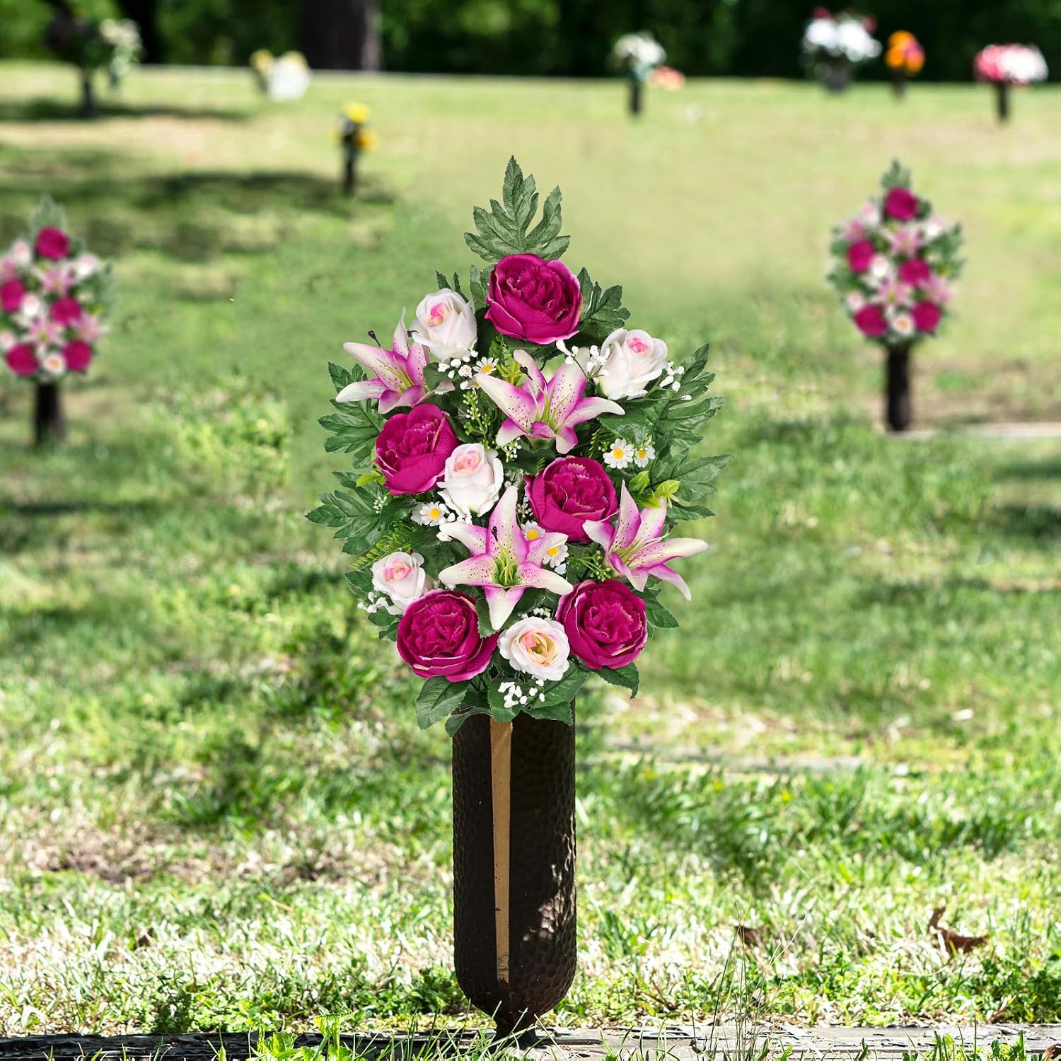 2 Set Artificial Cemetery Flowers for Grave, Silk Sympathy Grave Flowers Bouquet Fake Rose Peony Lily Floral