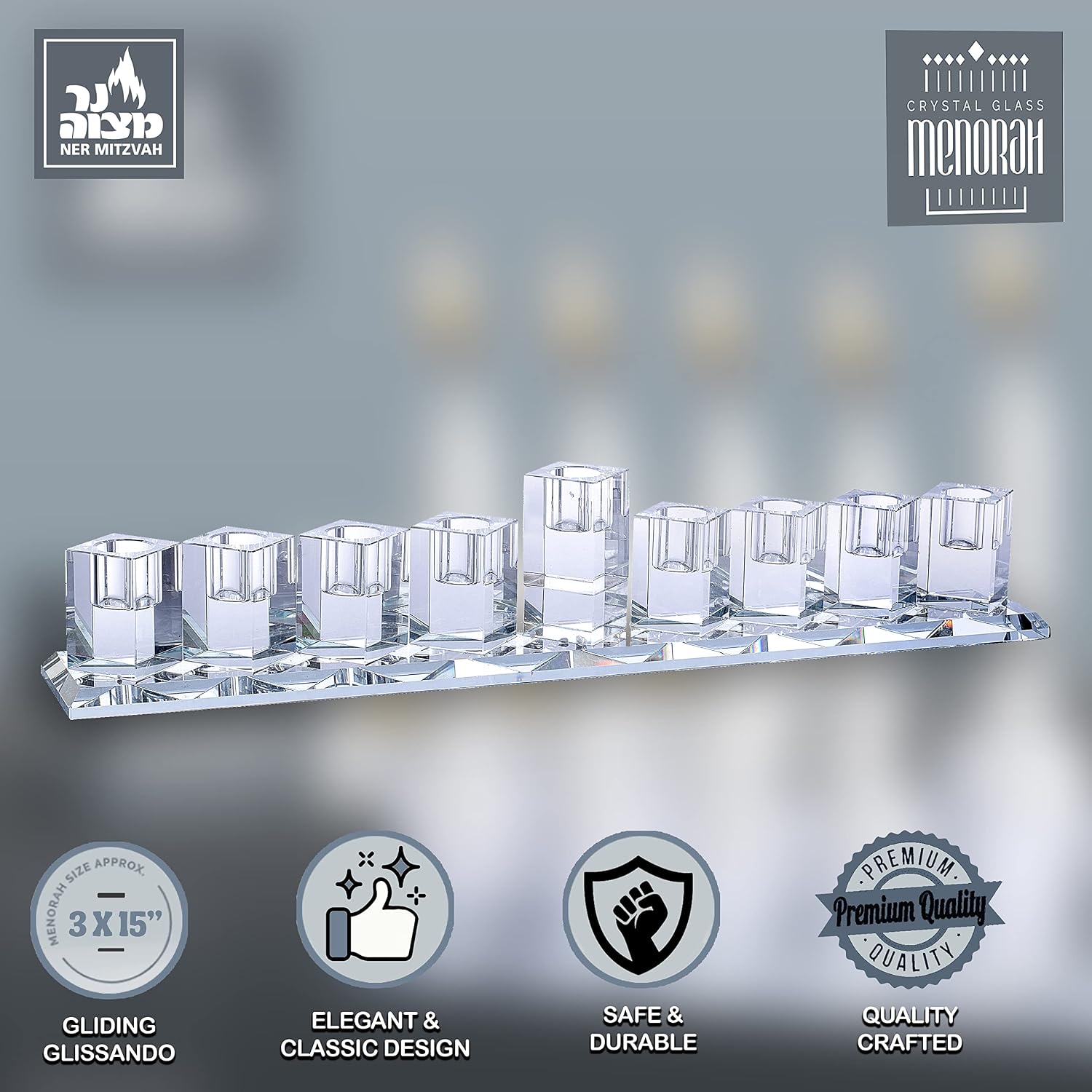Crystal Glass Hanukkah Menorah, Modern Style Oil and Candle Menorah for Chanukah, Fits Standard Chanukah Oil Cups and