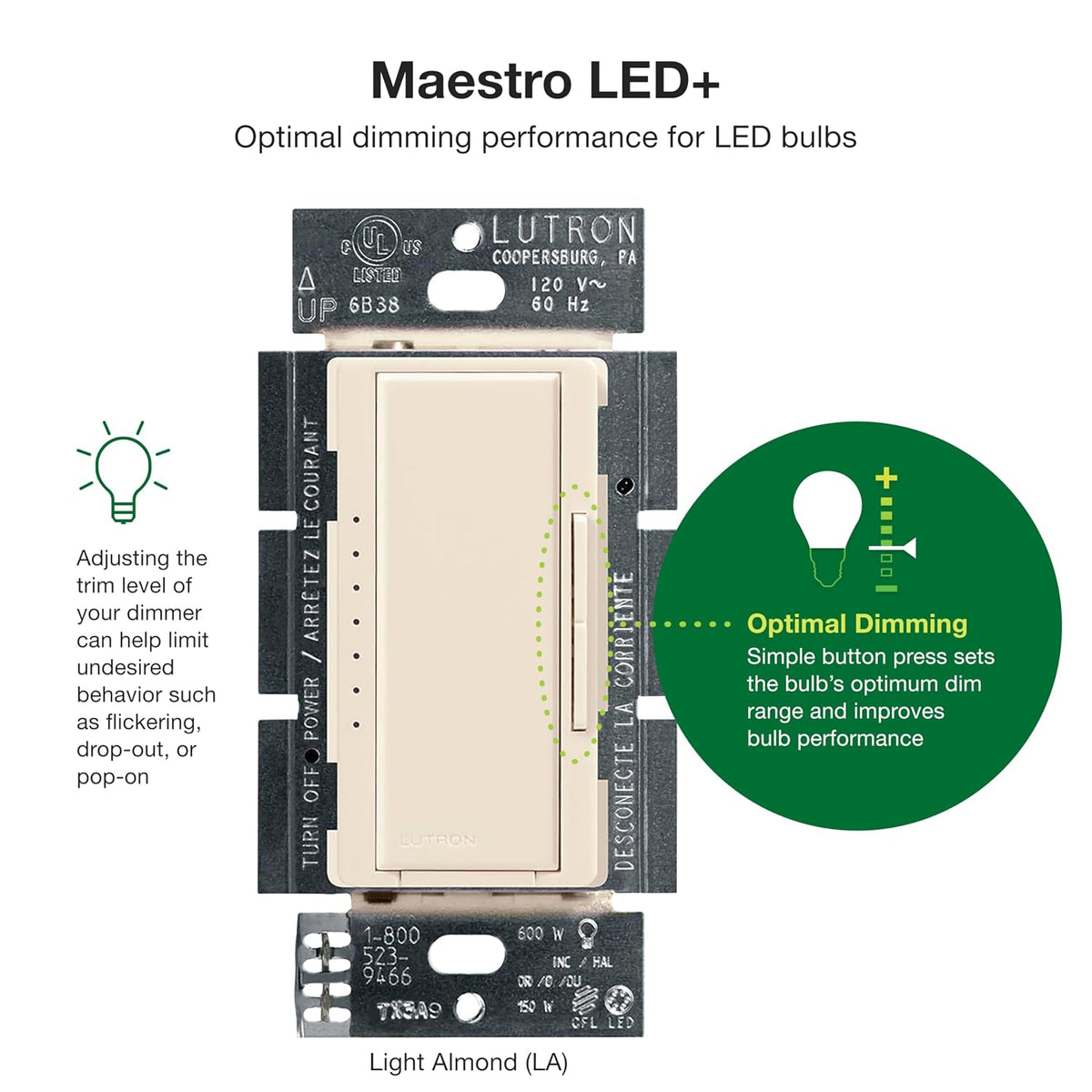 Lutron Maestro LED+ Dimmer Switch, Tap Dimmer, Single Pole/3-way