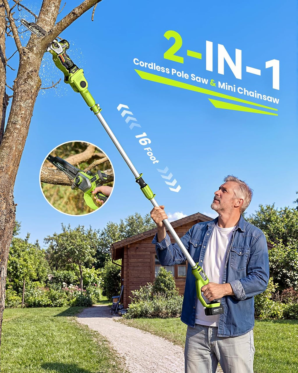 10 Inch Electric Pole Saws for Tree Trimming, 1000W Brushless Pole Saw and Mini Chainsaw 2 in 1, 2*4000mAh Battery
