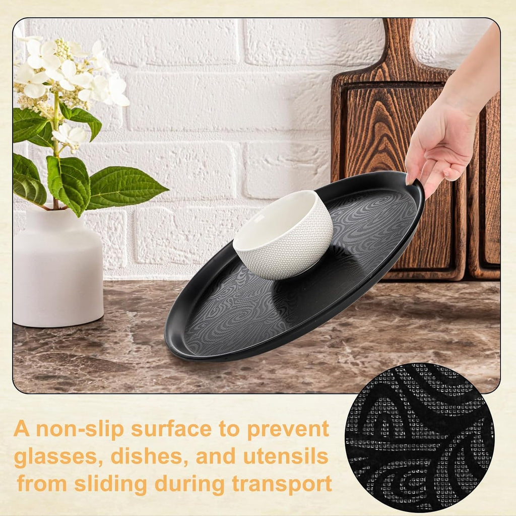 4 Pack Round Restaurant Serving Tray, 14 Inch Black Plastic Server Tray Non-Slip Food Serving Platter for Drinks