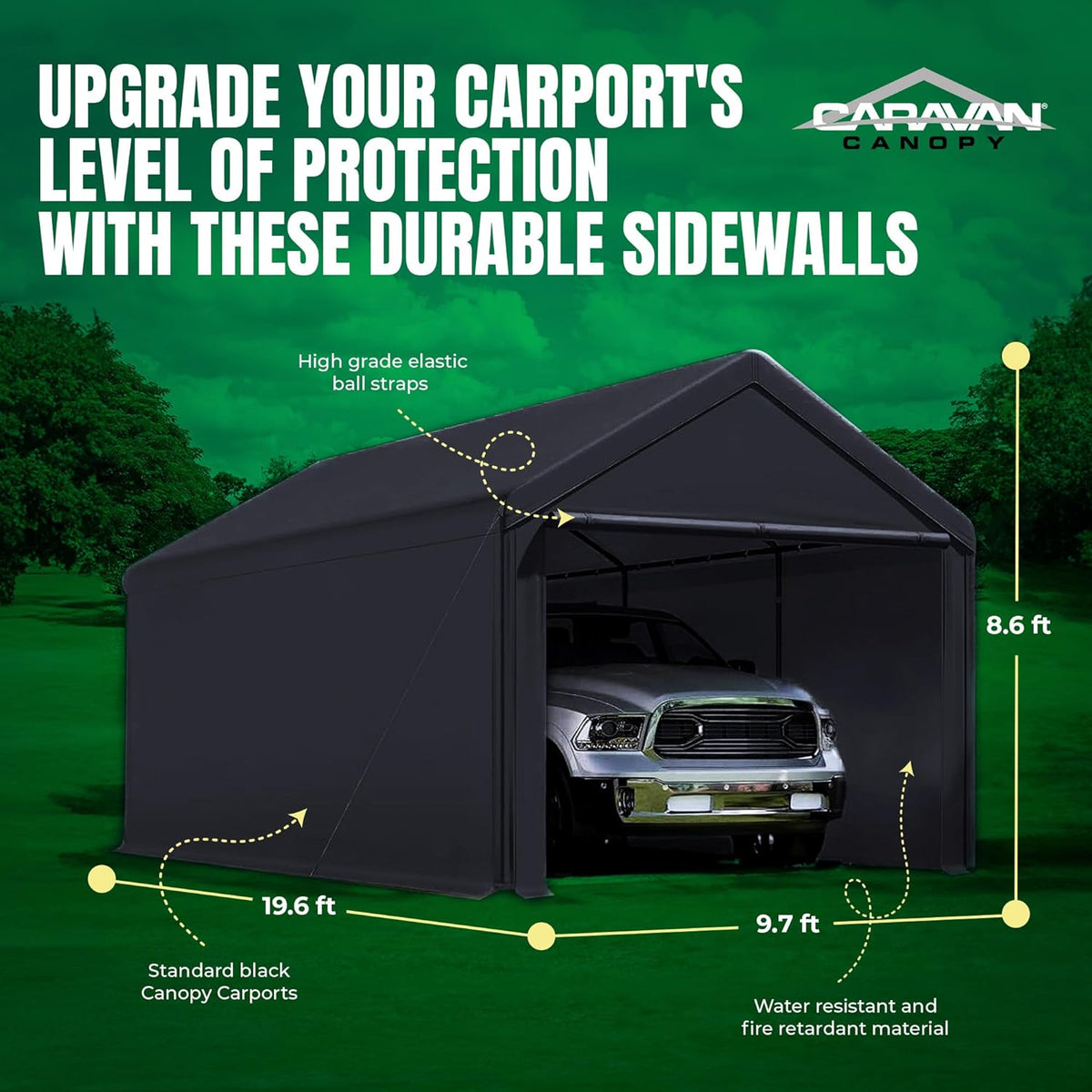Canopy Car Tent Sidewalls for Carport, Garage & Shed, Domain, 10 x 20 Ft, Black (Roof and Canopy Not Included)