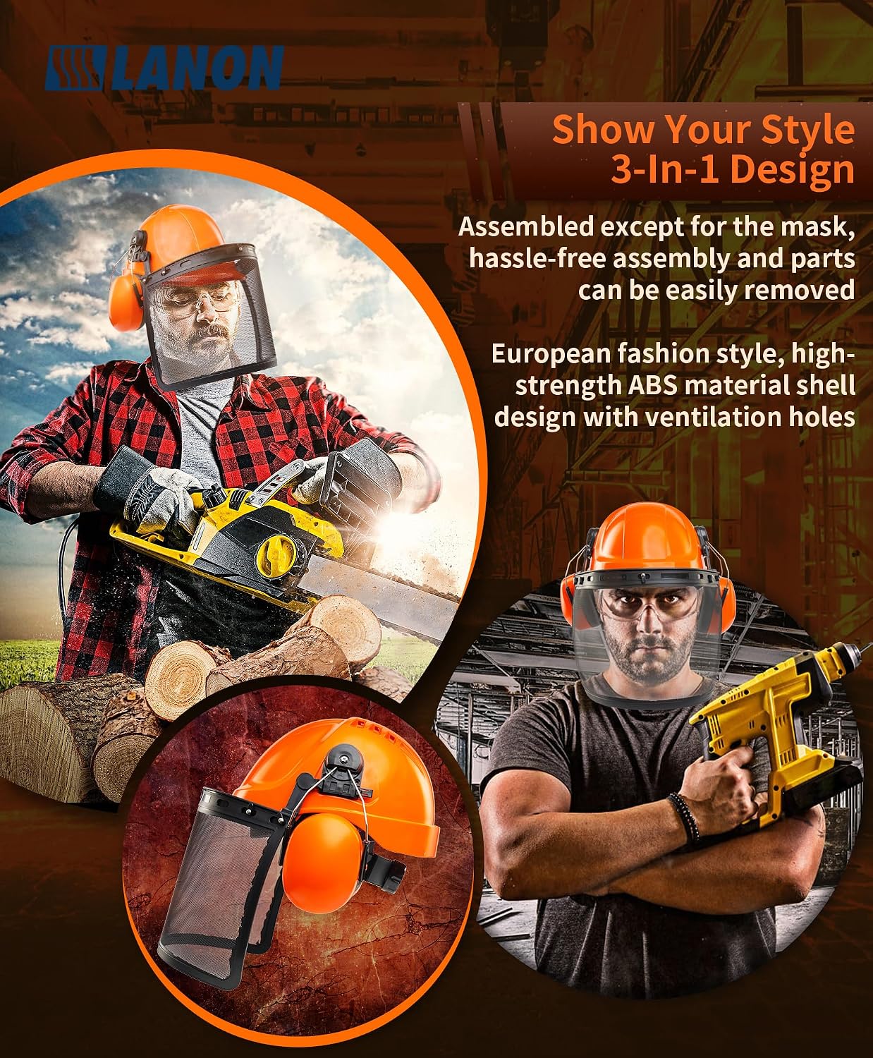 LANON Forestry Safety Helmet with Ear Muffs and Face Shield, Orange | ANSI Z89.1 Type I, Class C Hard Hat With