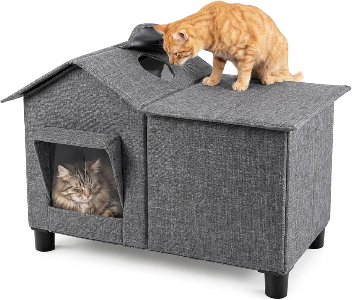 Outdoor Cat House Weatherproof Elevated Cat Bed, Grey, Large
