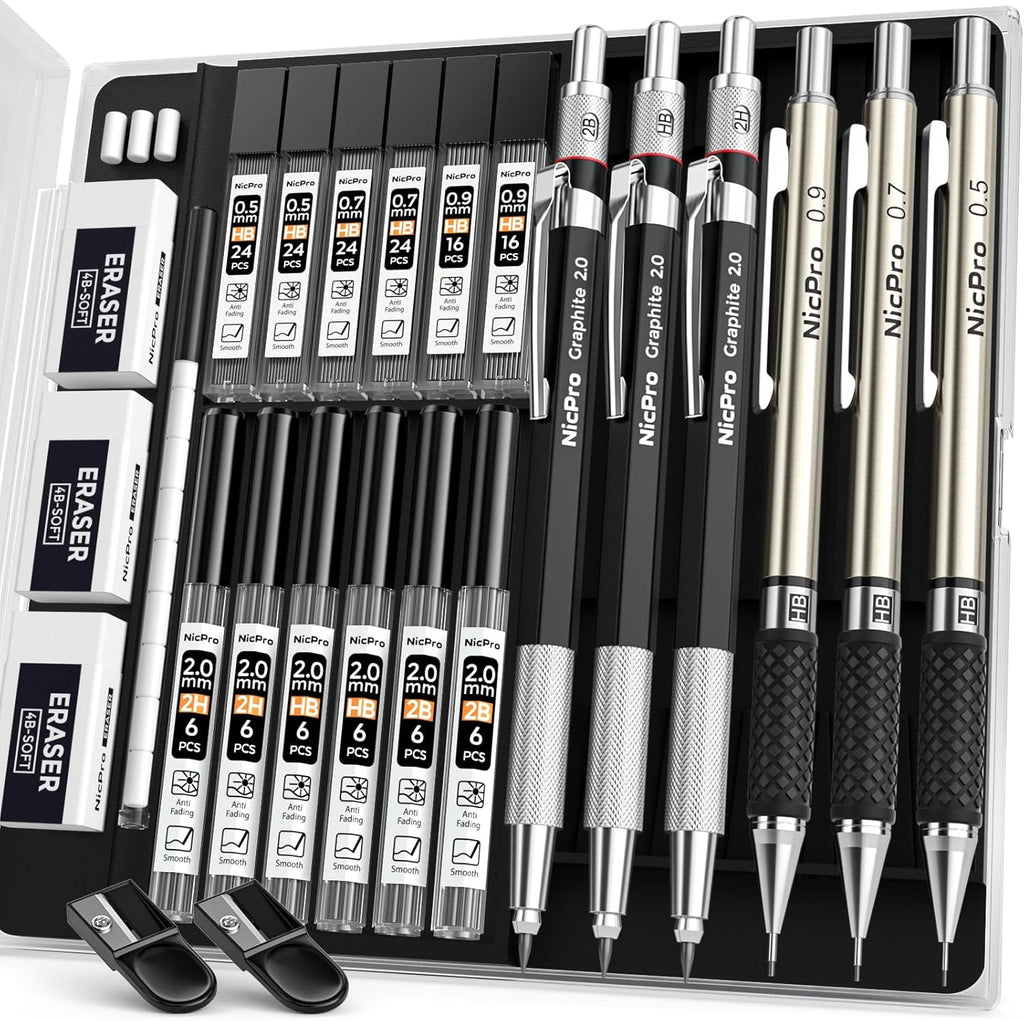 6PCS Art Mechanical Pencil Set, 3PCS Metal Drafting Pencil 0.5 mm & 0.7 mm & 0.9 mm & 3PCS 2mm Graphite Lead Holder