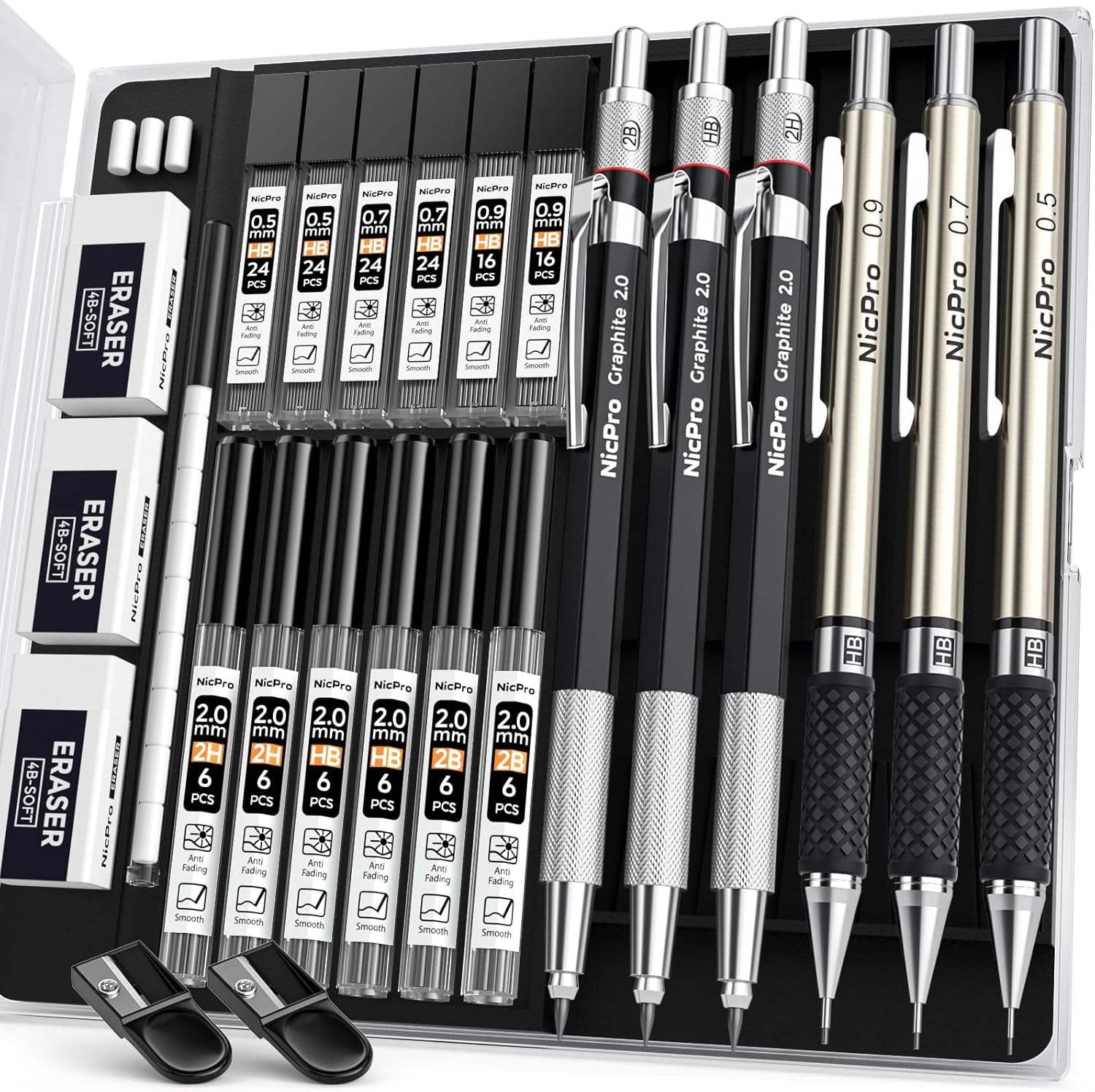 6PCS Art Mechanical Pencil Set, 3PCS Metal Drafting Pencil 0.5 mm & 0.7 mm & 0.9 mm & 3PCS 2mm Graphite Lead Holder