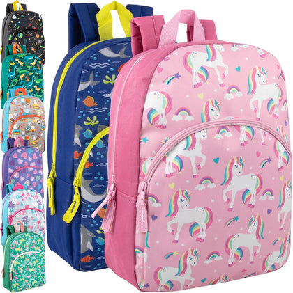 Wholesale Kids Backpacks for Boys, Girls Bulk Backpacks 24 Pack with Fun Patterns, Adjustable Padded Straps