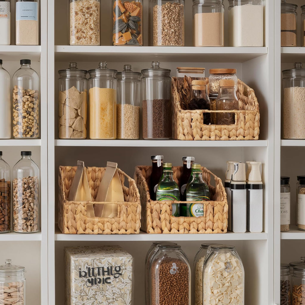 Pantry Baskets for Organizing, Wicker Basket with Built-in Handles, Handwoven Wicker Storage Baskets, Water Hyacinth