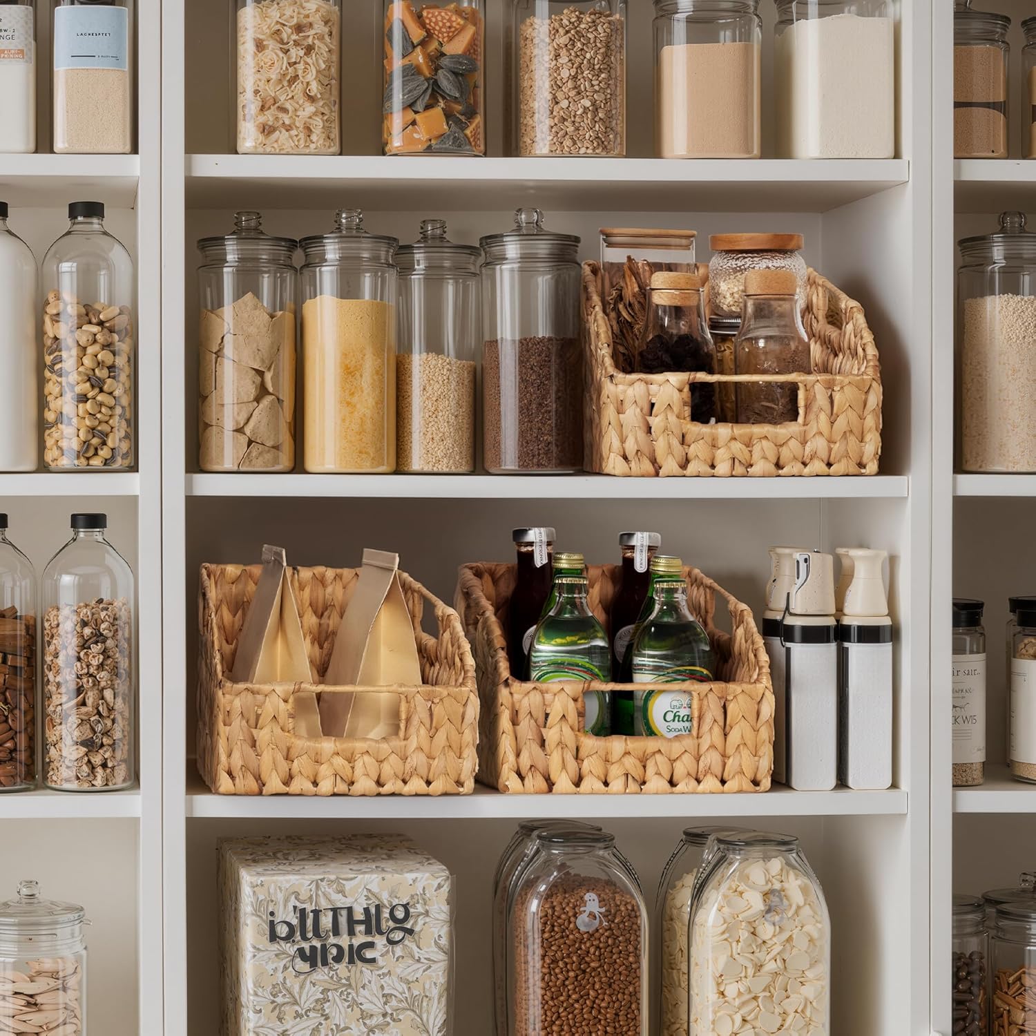 Pantry Baskets for Organizing, Wicker Basket with Built-in Handles, Handwoven Wicker Storage Baskets, Water Hyacinth