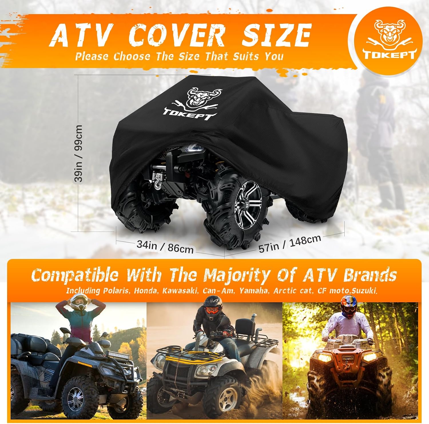 ATV Cover Waterproof 4 Wheeler Cover, Fits up to 57", Black | Outdoor Heavy Duty Oxford Quad Cover with Windproof Buckle