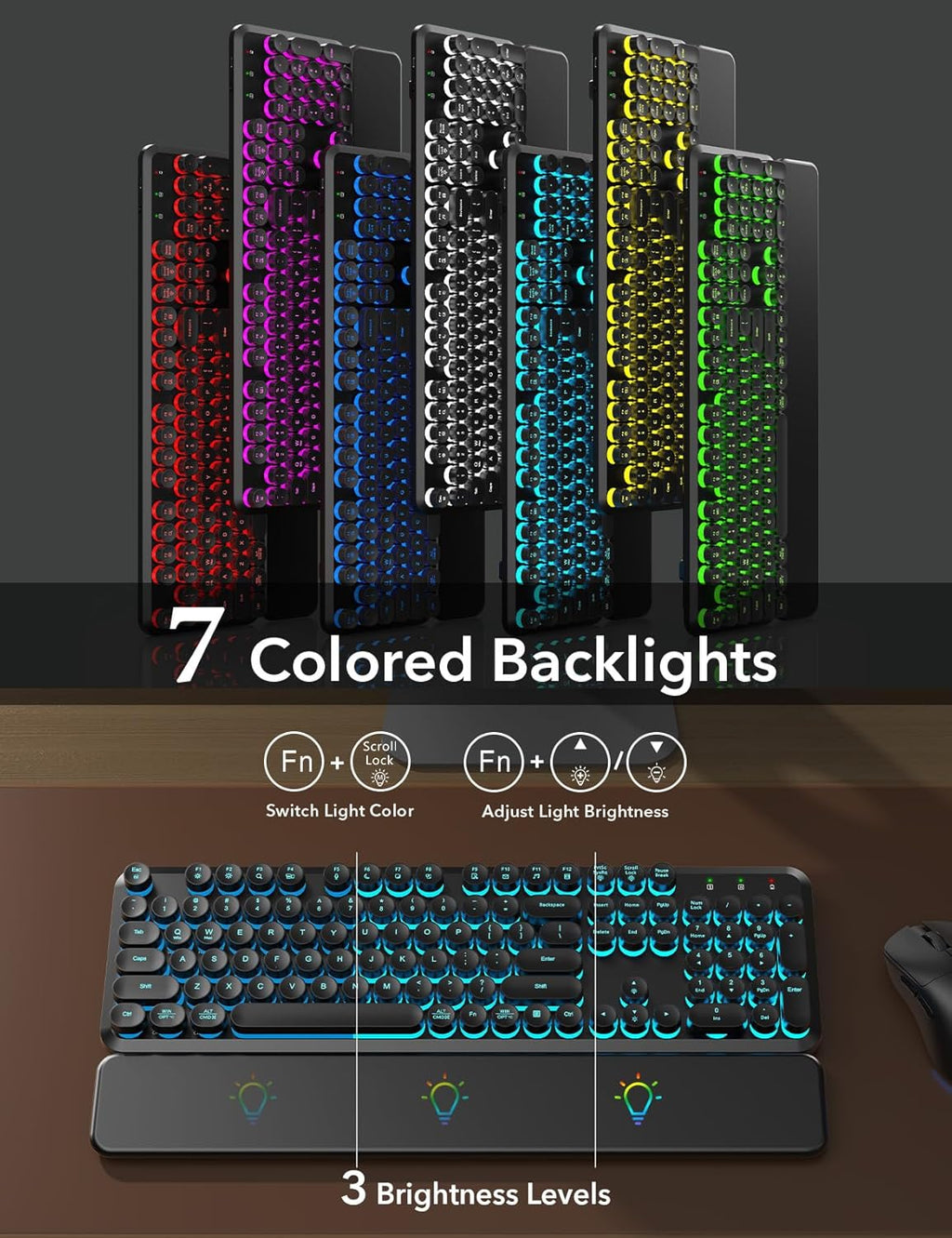 Wireless Keyboard and Mouse Backlit - Typewriter Keyboard with Magnetic Wrist Rest, Retro Round Keys, Light Up