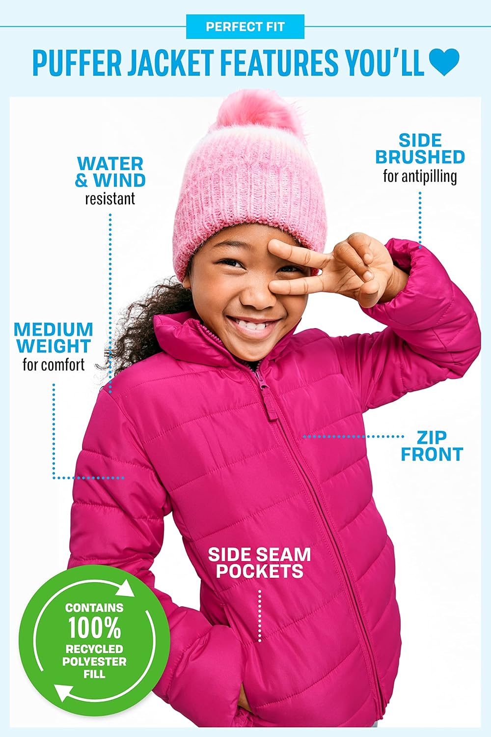 Girls' Medium Weight Wind-Resistant, Water-Resistant Puffer Jacket