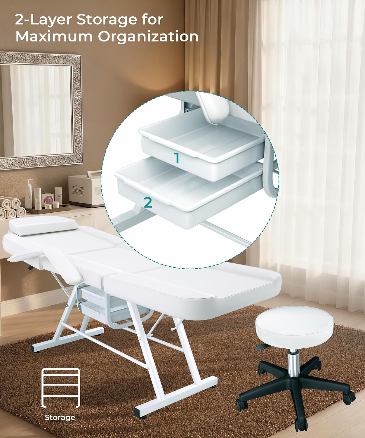 White Tattoo Chair for Client with Hydraulic Rolling Stool, Facial Bed Tattoo Client Chair Facial Chairs for