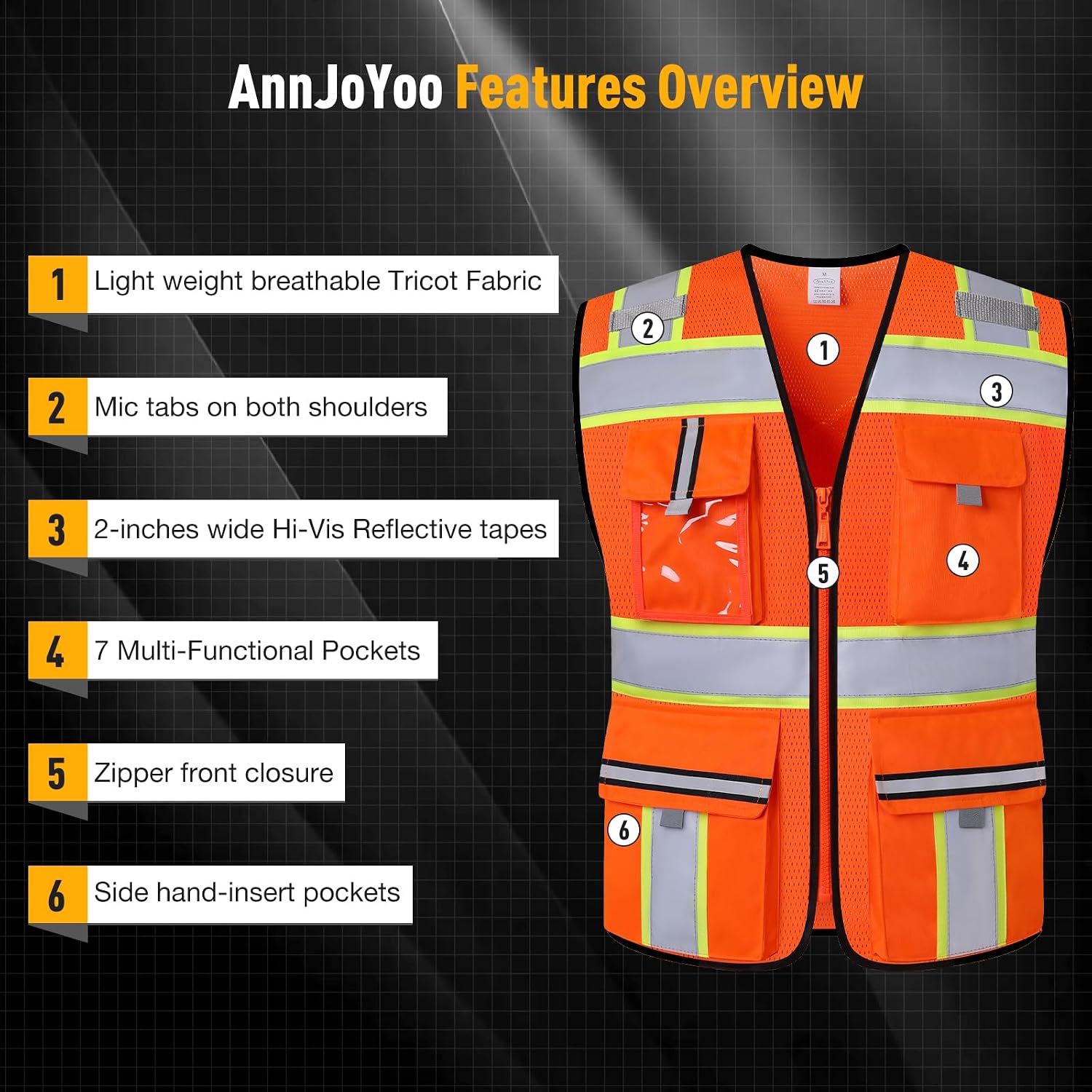 Class 2 Safety Vest with Zipper Front and multiple Pockets, High Visibility Vest, Meets ANSI/ISEA Standards