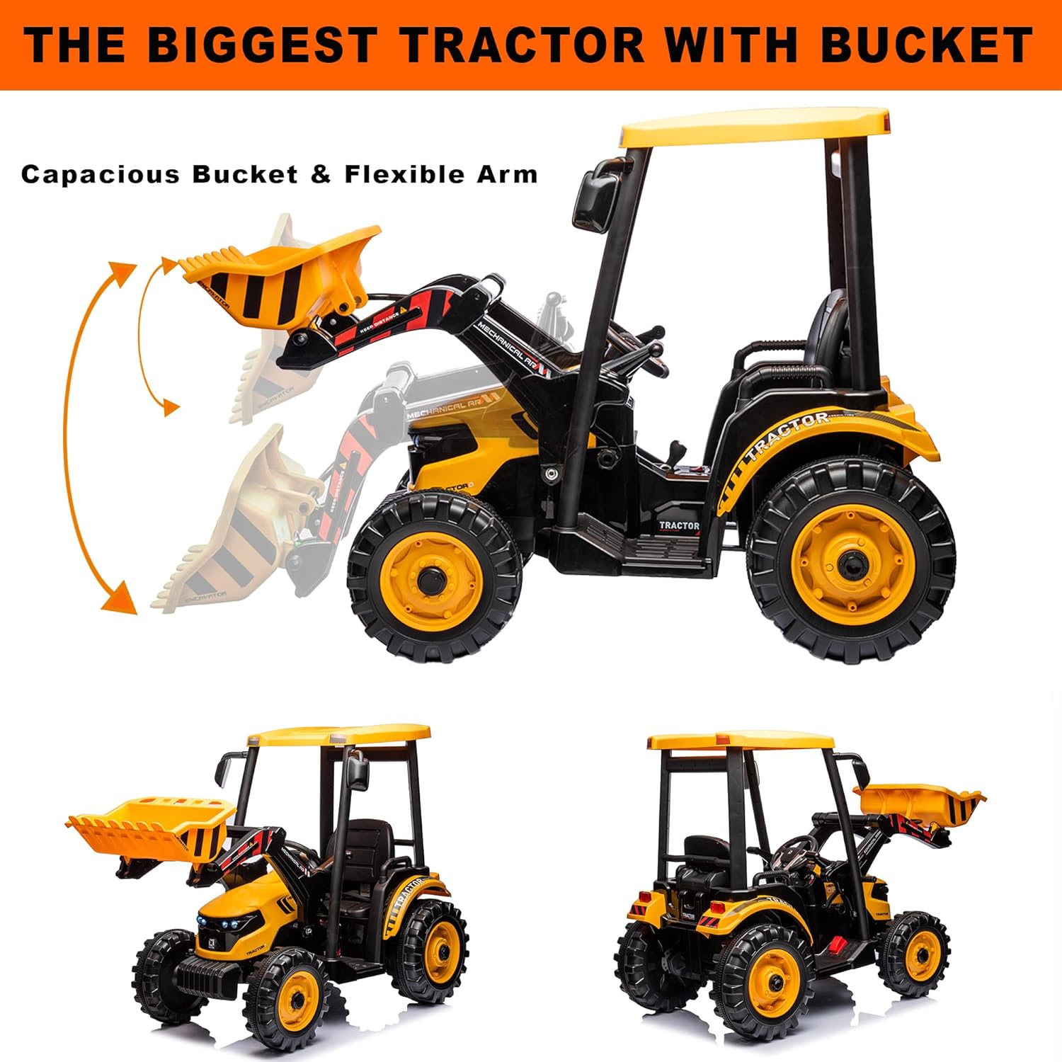 24V Ride on Tractor with Front Loader, Ride On Excavator with 24volt Dual Motors 4-Gearbox Metal Frame Kids Electric