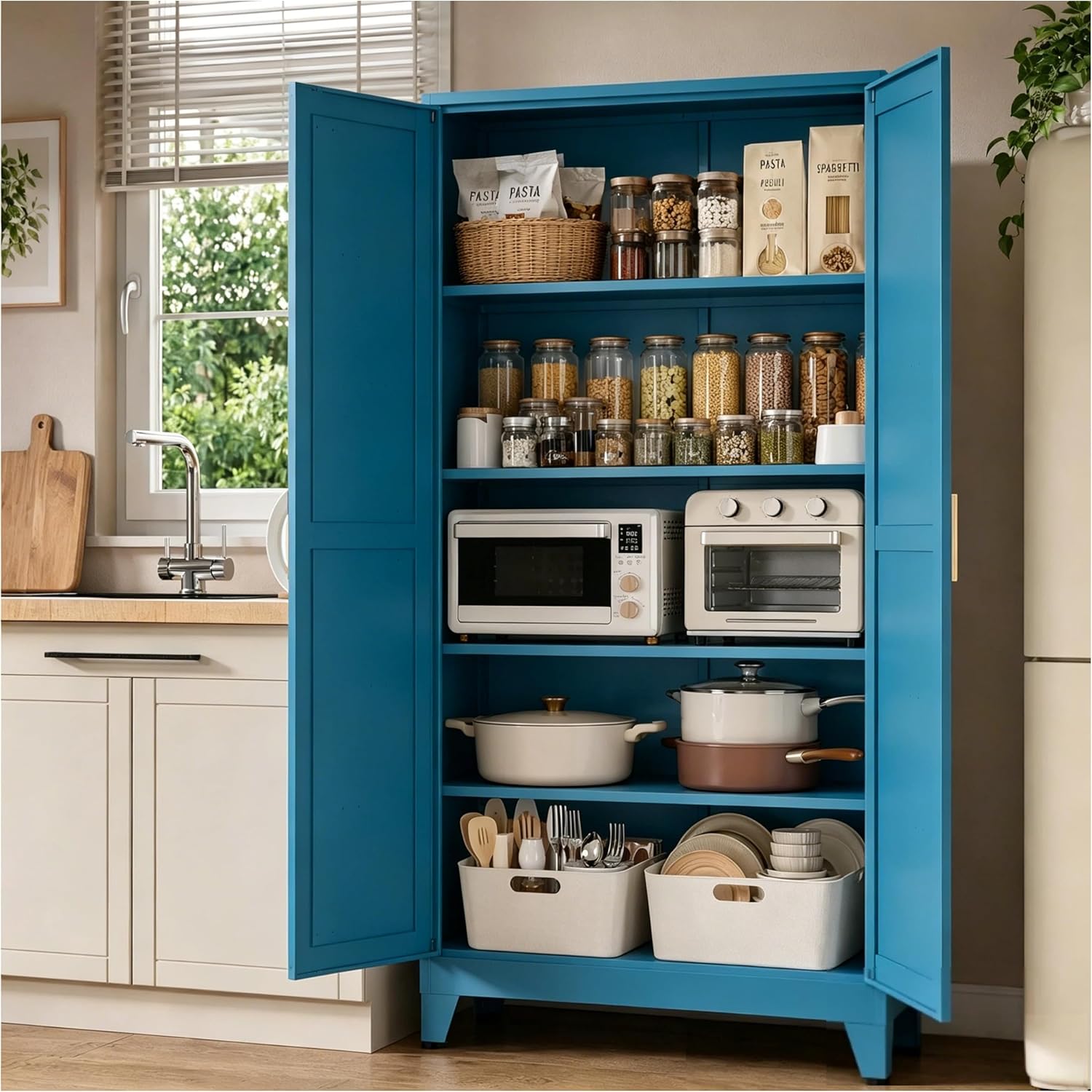 71”H Metal Kitchen Pantry Cabinet, Pantry Cabinets with 2 Doors and 4 Shelves, Kitchen Cabinet for Kitchen, Dining