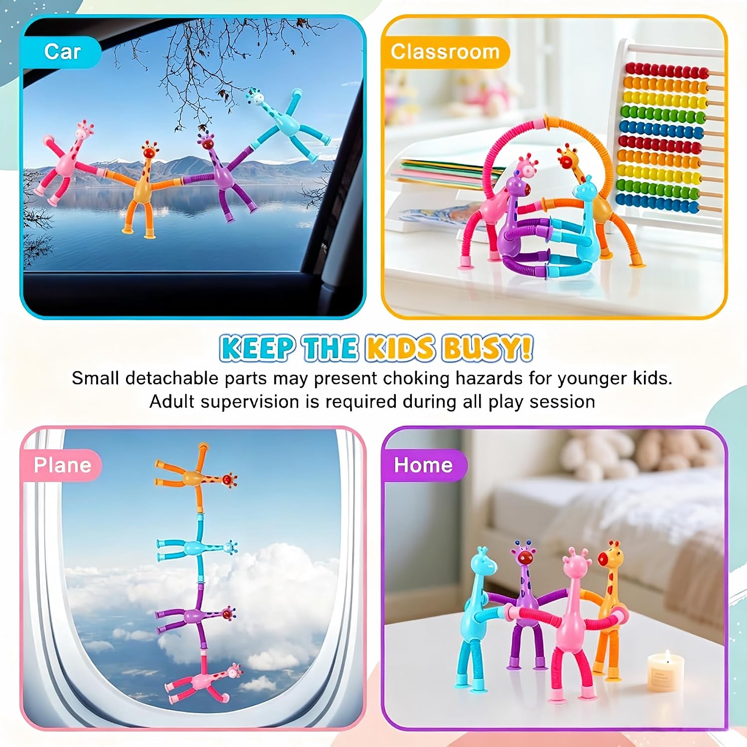 4 Pcs Pop Tubes Giraffe Travel Airplane Road Trip Car Activities Essential, Telescopic Suction Cup Sensory Fidget