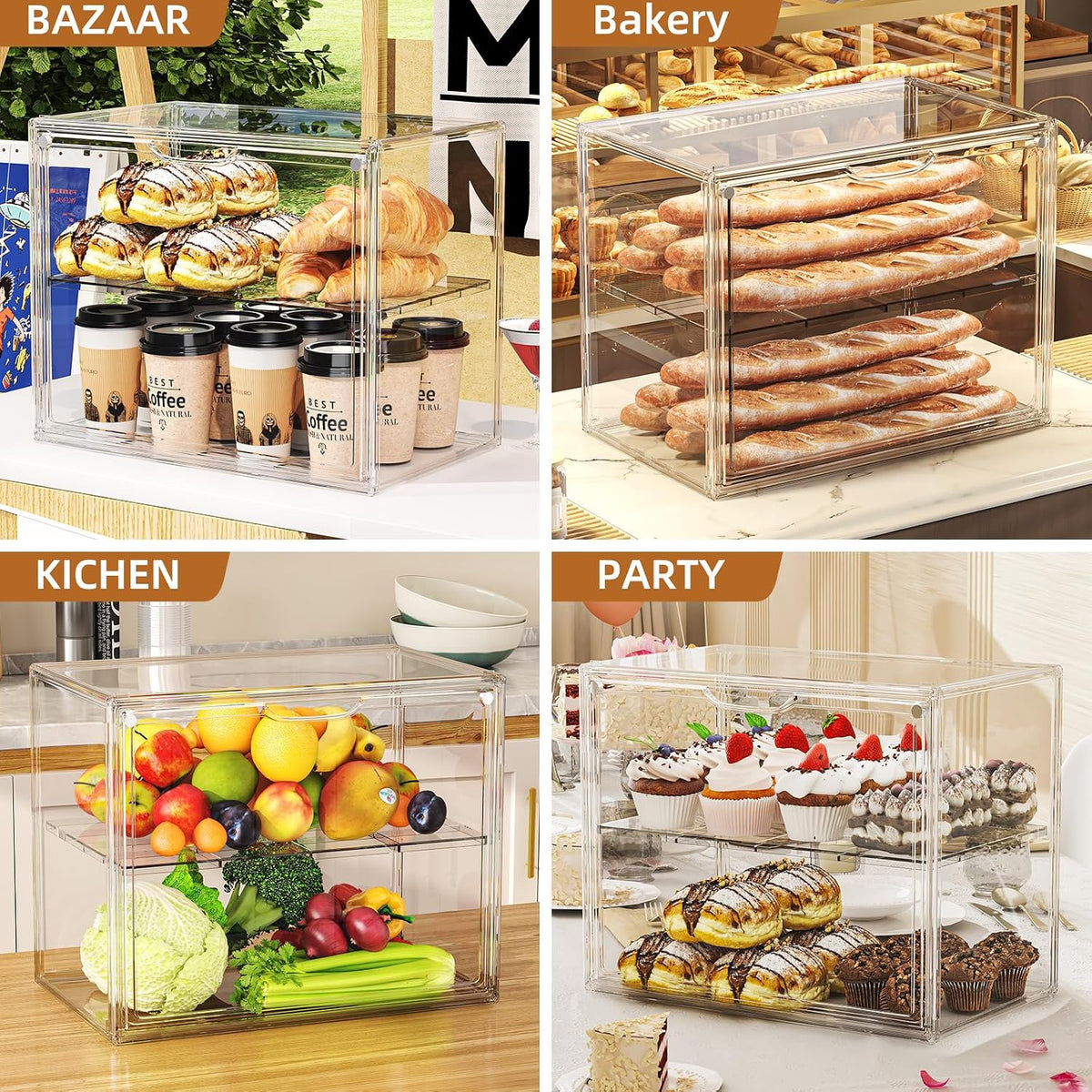 Pastry Display Case, 2 Tier Bread Box for Kitchen Countertop, Acrylic Bread Container with Magnetic Door, Large