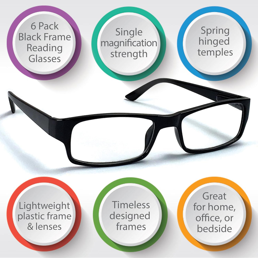 Reading Glasses, Traditional Black Frames, with Spring Loaded Hinges