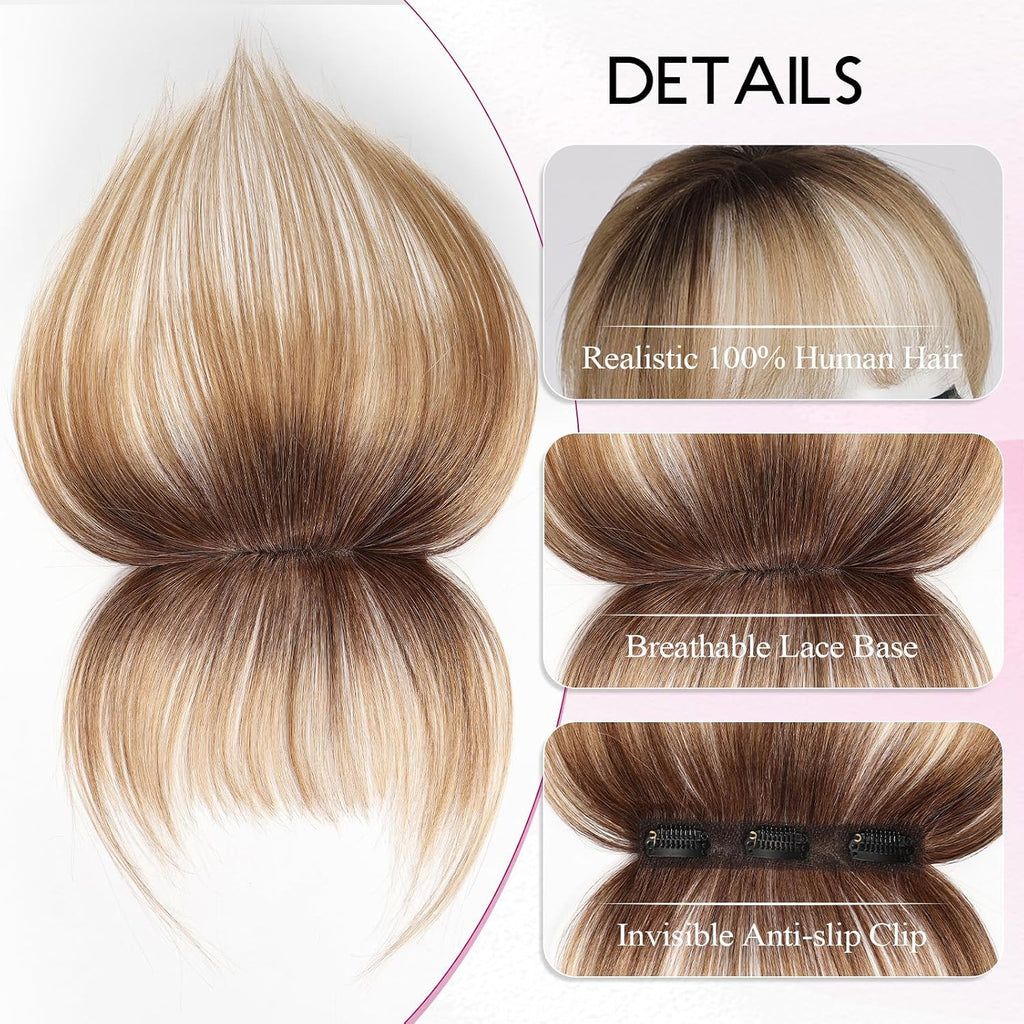 Clip in Bangs, 100% Human Hair Bangs with 3 Non-slip Clips, 360°Cover Top HairPieces with 5 inch Wispy Fringes for