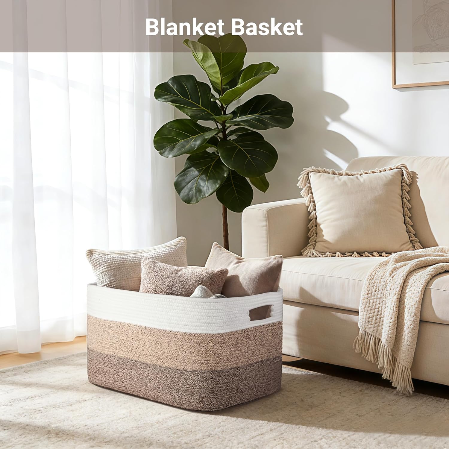 75L Large Woven Storage Basket, Cotton Rope Laundry Hamper with Handles, 22”x17”x12” Rectangle Blanket Basket for