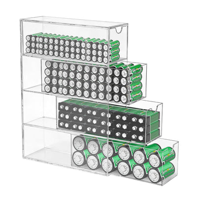 1 Pack Clear Acrylic Battery Storage Organizer for AA, AAA, C, 9V Batteries, 4-Drawer Battery Organizer for Common