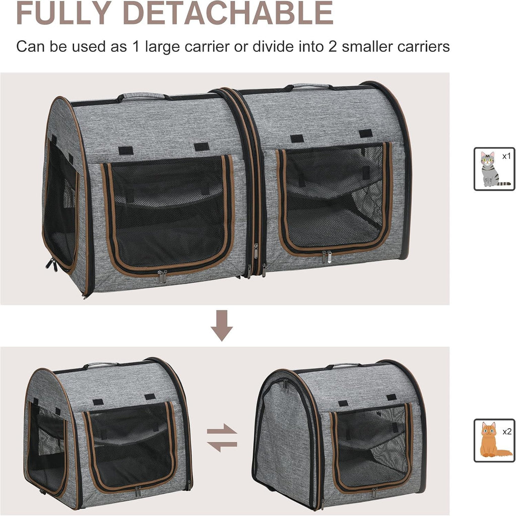 39" Portable Soft-Sided Cat Carrier, Two Compartments, Light Gray
