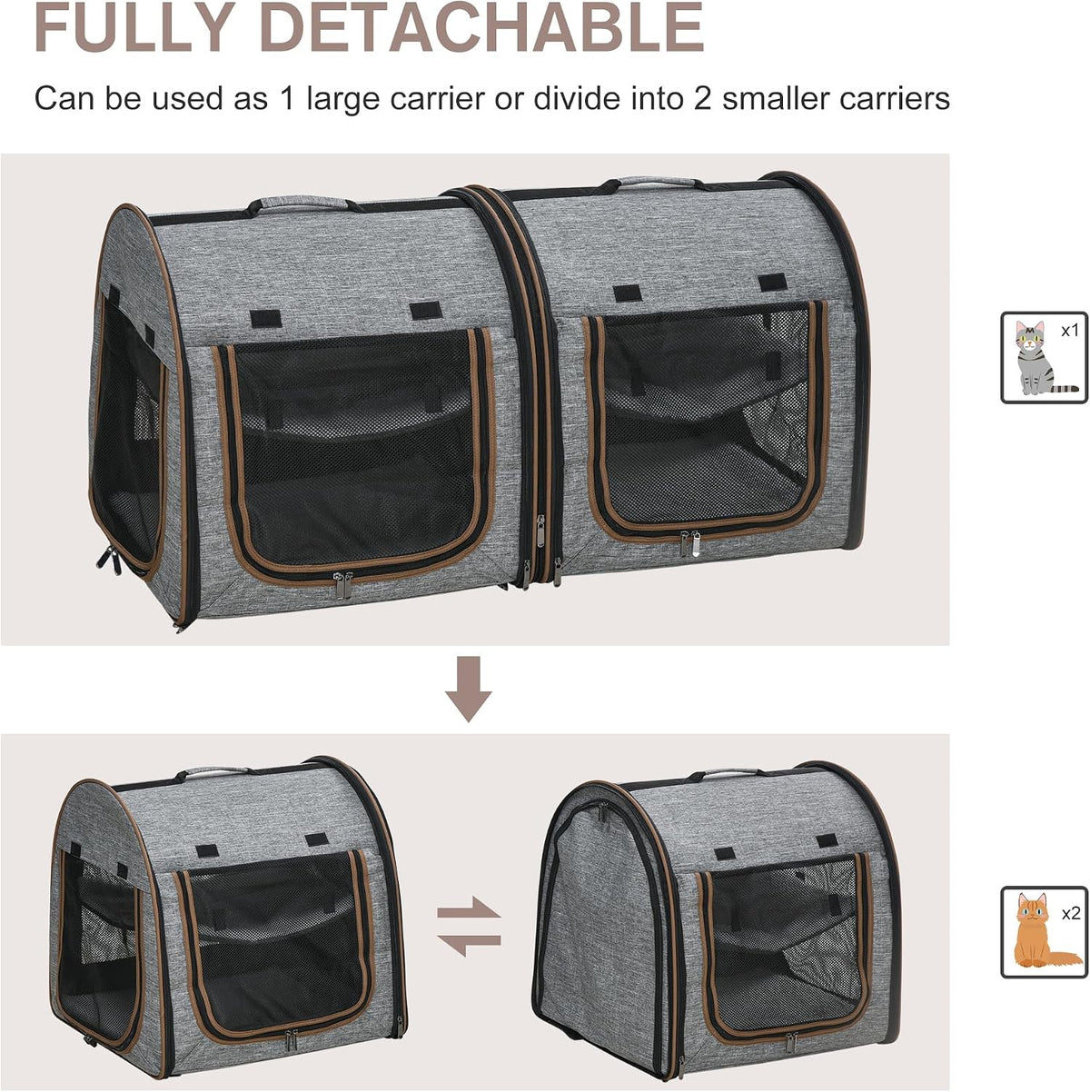 39" Portable Soft-Sided Cat Carrier, Two Compartments, Light Gray