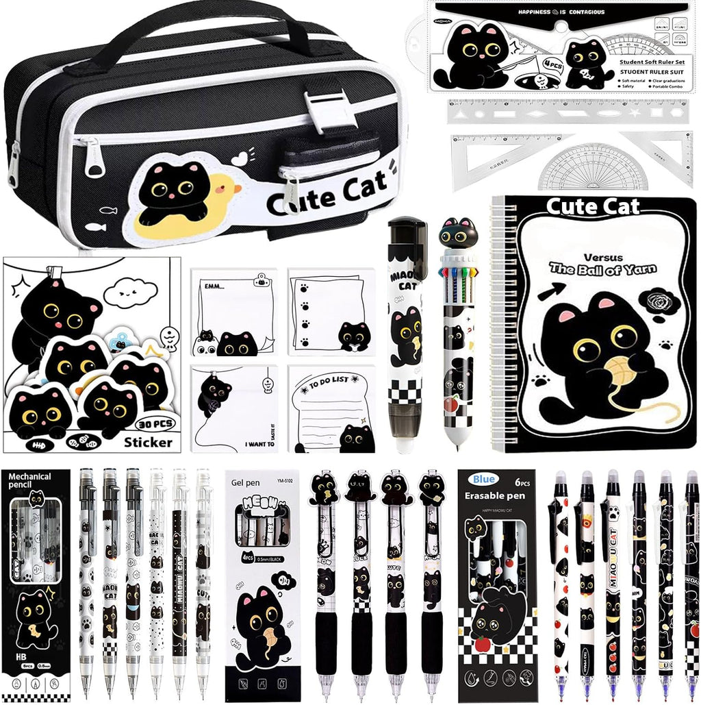 Black Cute Cat Stationery Set,School Supplies with Sticky Notes,Pencils | Kawaii Cat Design Includes