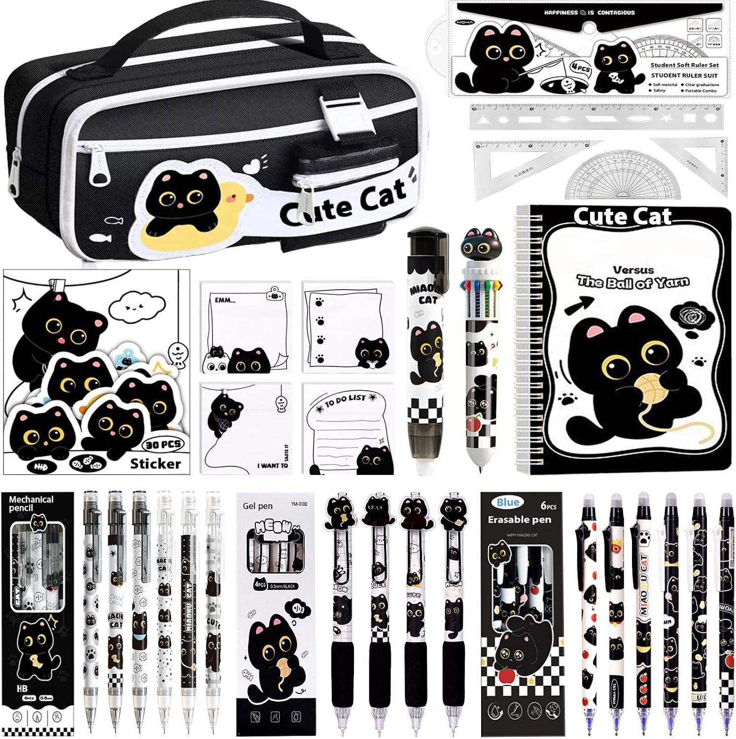 Black Cute Cat Stationery Set,School Supplies with Sticky Notes,Pencils | Kawaii Cat Design Includes