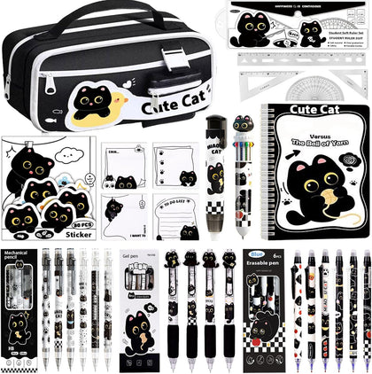Black Cute Cat Stationery Set,School Supplies with Sticky Notes,Pencils | Kawaii Cat Design Includes