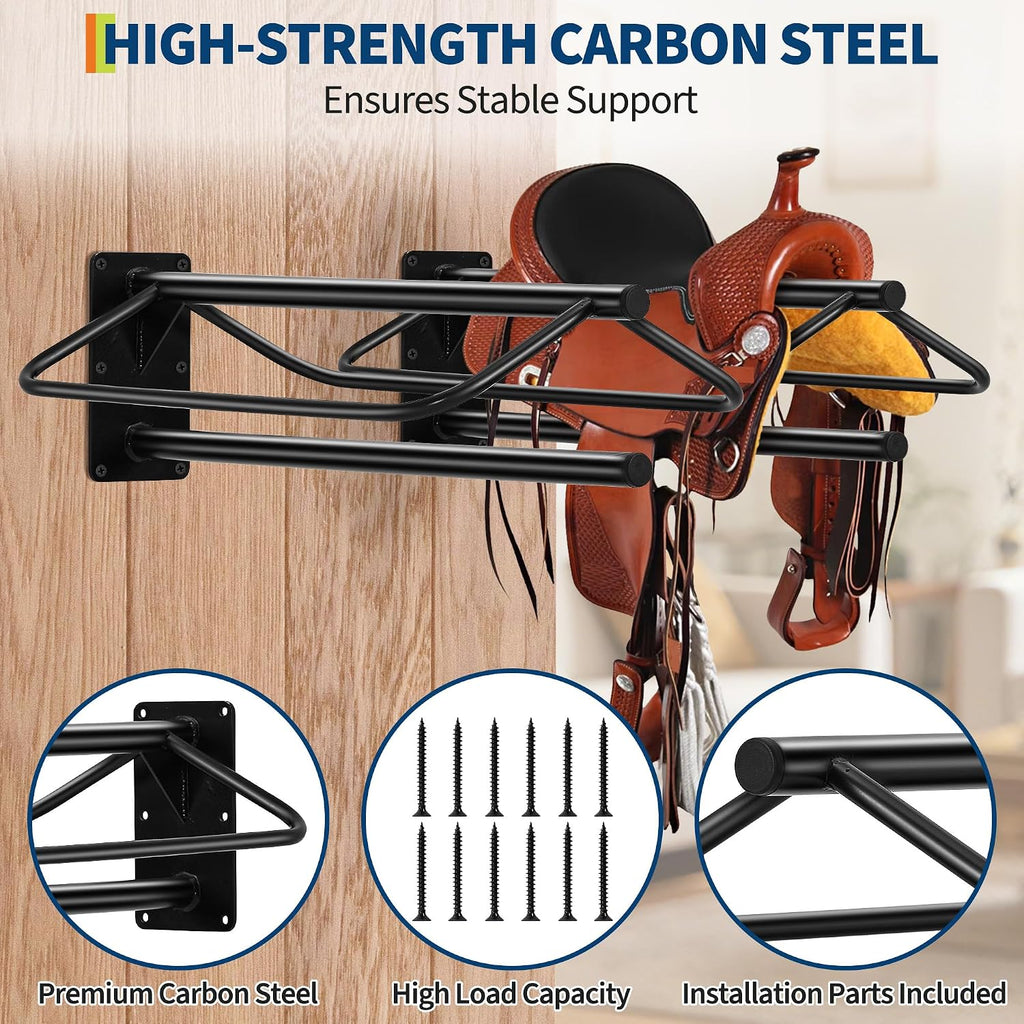 6 Pack Wall Mounted Saddle Rack with Double Pad Bar Heavy Duty Carbon Steel Saddle Stand for English & Western