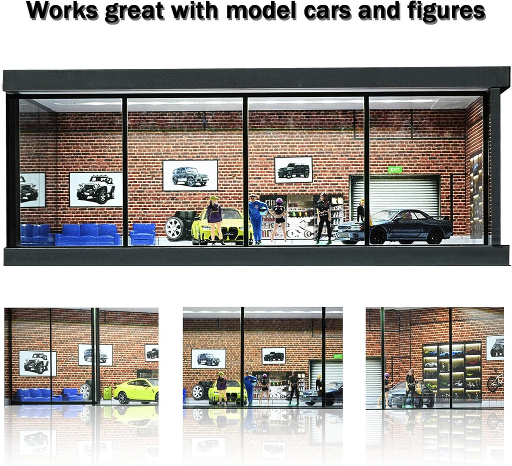 1/64 Diorama Garage Model LED Lighting Showroom Parking Lot Display Case | 5 Parking Space, Acrylic Dust Door, Red