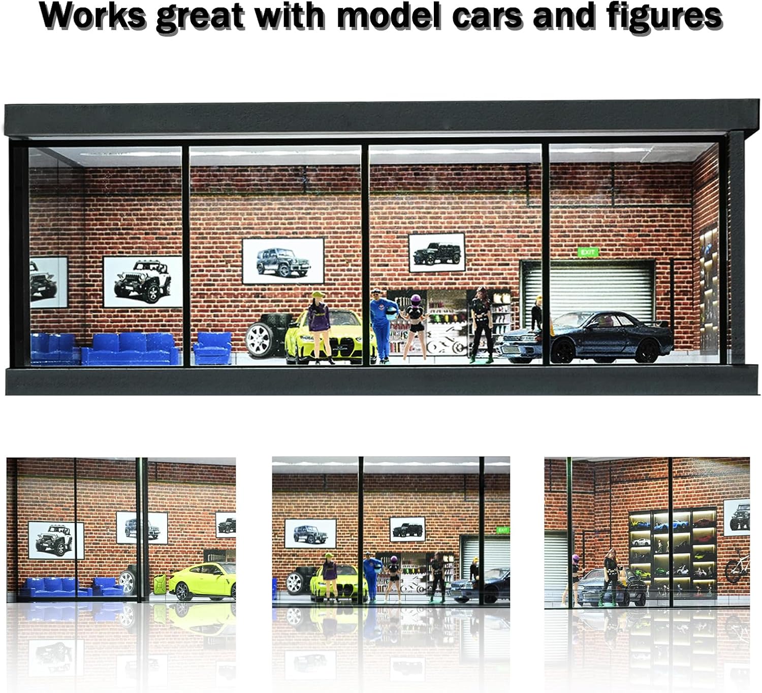 1/64 Diorama Garage Model LED Lighting Showroom Parking Lot Display Case | 5 Parking Space, Acrylic Dust Door, Red