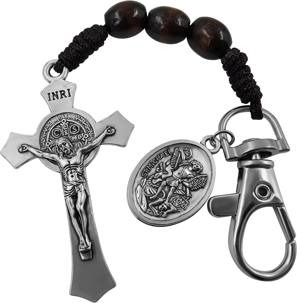 Catholic Rosary Keychain for Car St Benedict Cross Saint Michael
