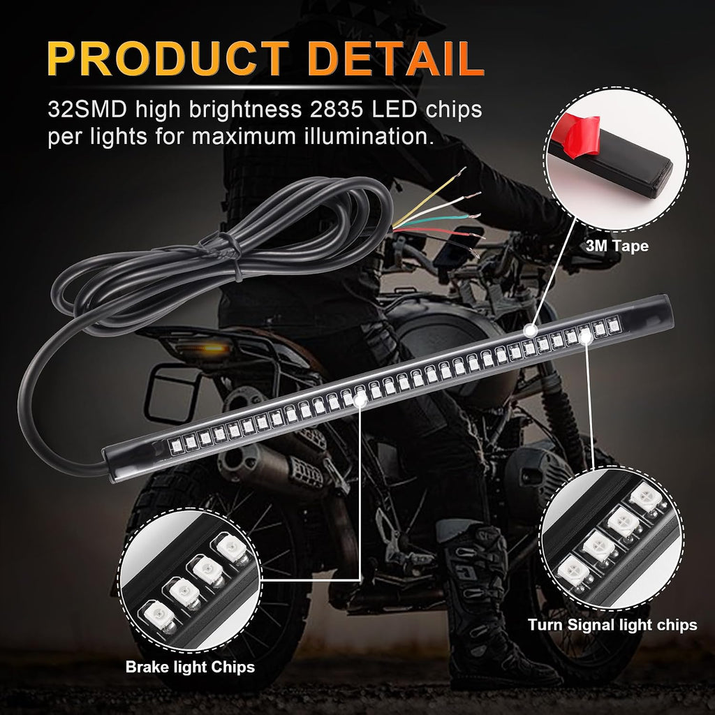 LivTee Universal 8" Flexible LED Light Strip with Tail Brake Stop Turn Signal Lights All-in-one for Motorcycle Scooter Quad Cruiser Off Road, Red/Amber