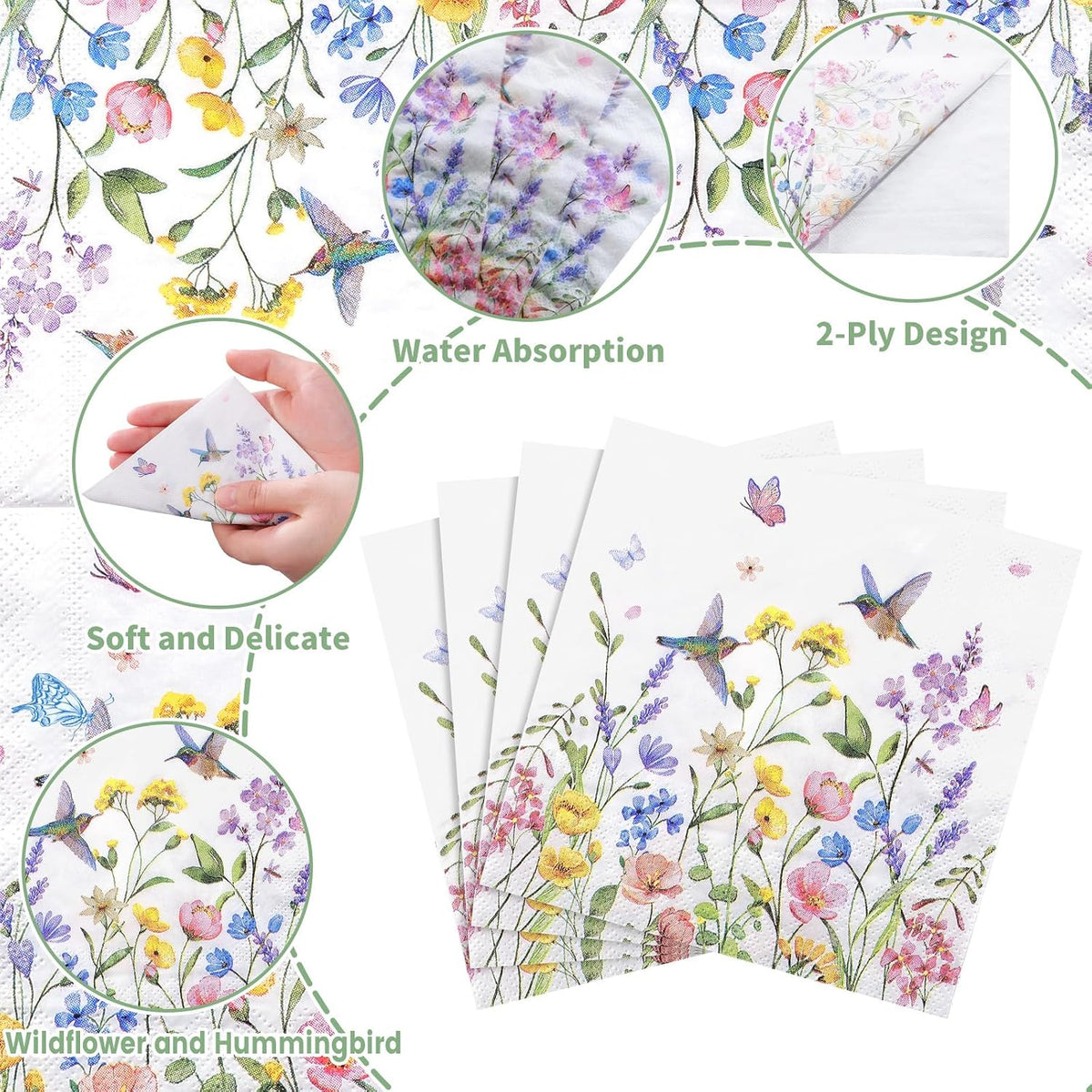 100 Pcs Wildflower Napkins, 5" Floral Cocktail Napkins