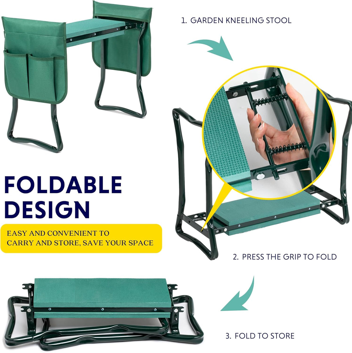 Garden Kneeler and Seat Foldable Kneeling Bench with Sturdy Soft EVA Foam Pad for Outdoor, Fishing, Camping, 2 Tool