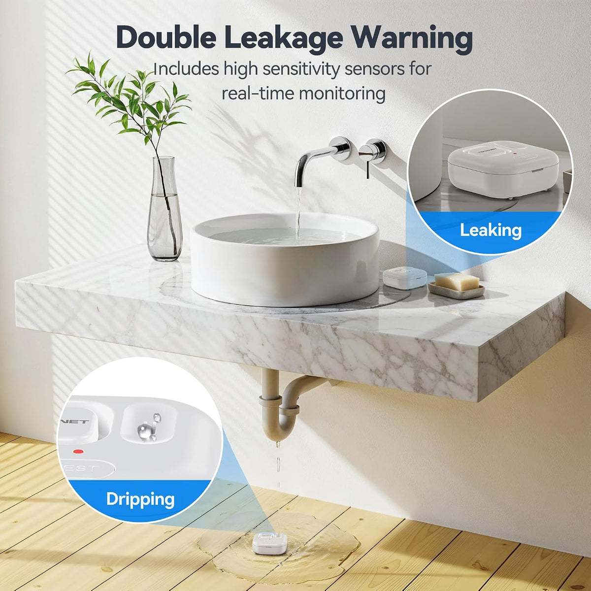 WiFi Water Leak Detector, Smart Leak Sensor with App Alerts | Instant App Alerts & 120dB Alarm, IP67 Waterproof, No