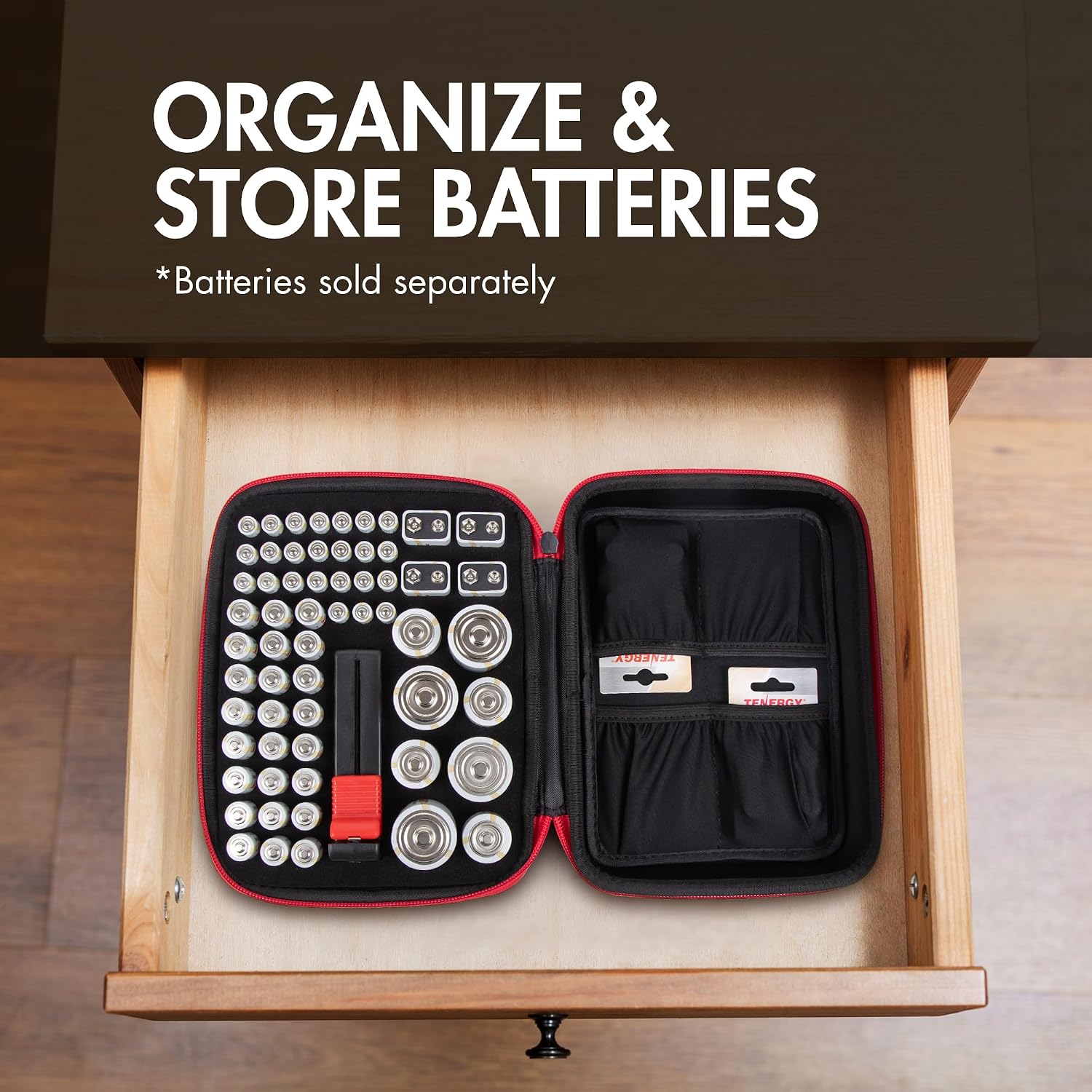 Battery Organizer Storage Case with Battery Tester, Holds 60 Batteries AA AAA C D 9V (Batteries not Included)