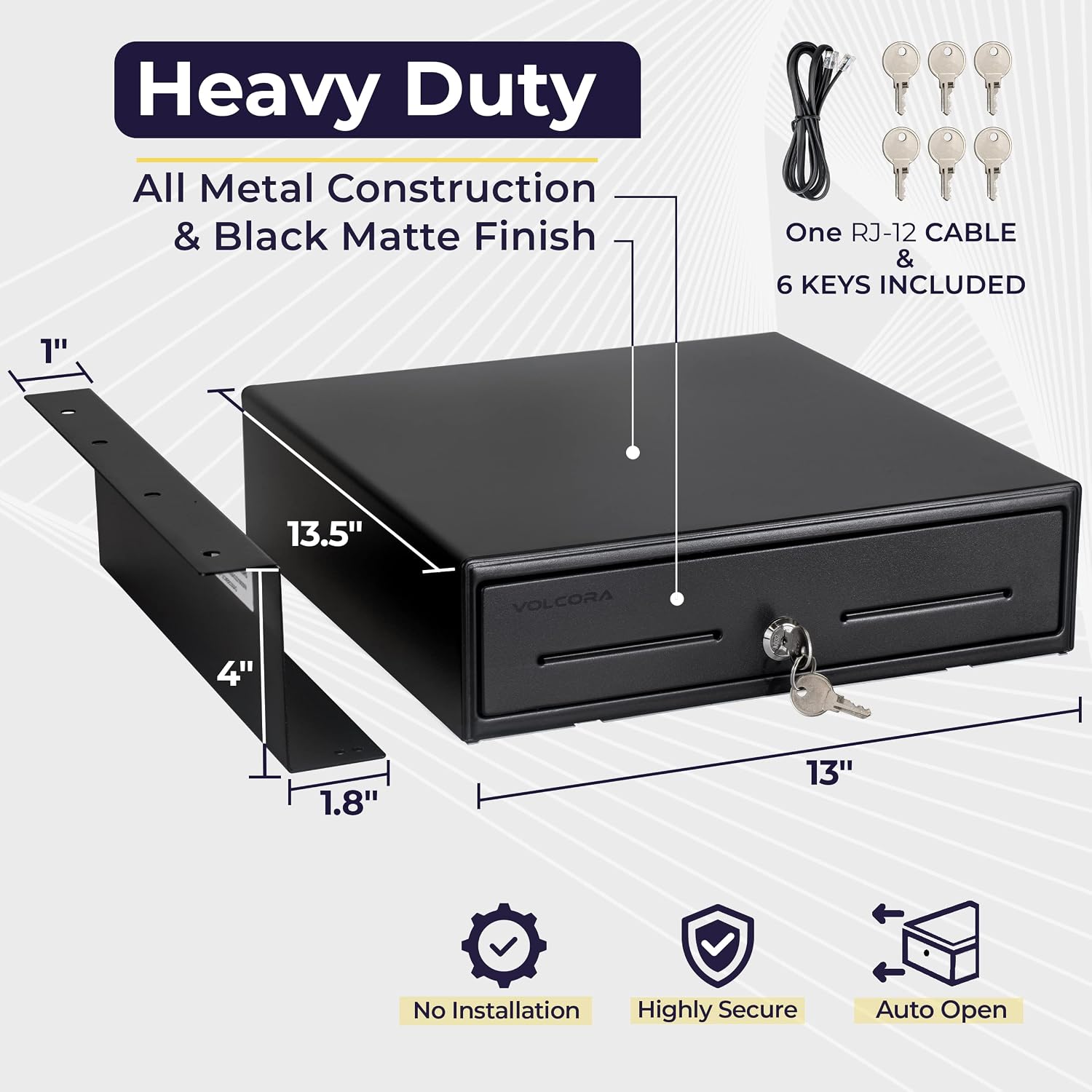 Cash Register Drawer with Under Counter Mounting Metal Bracket, 13" Black Cash Drawer for POS, 4 Bill 5 Coin Cash