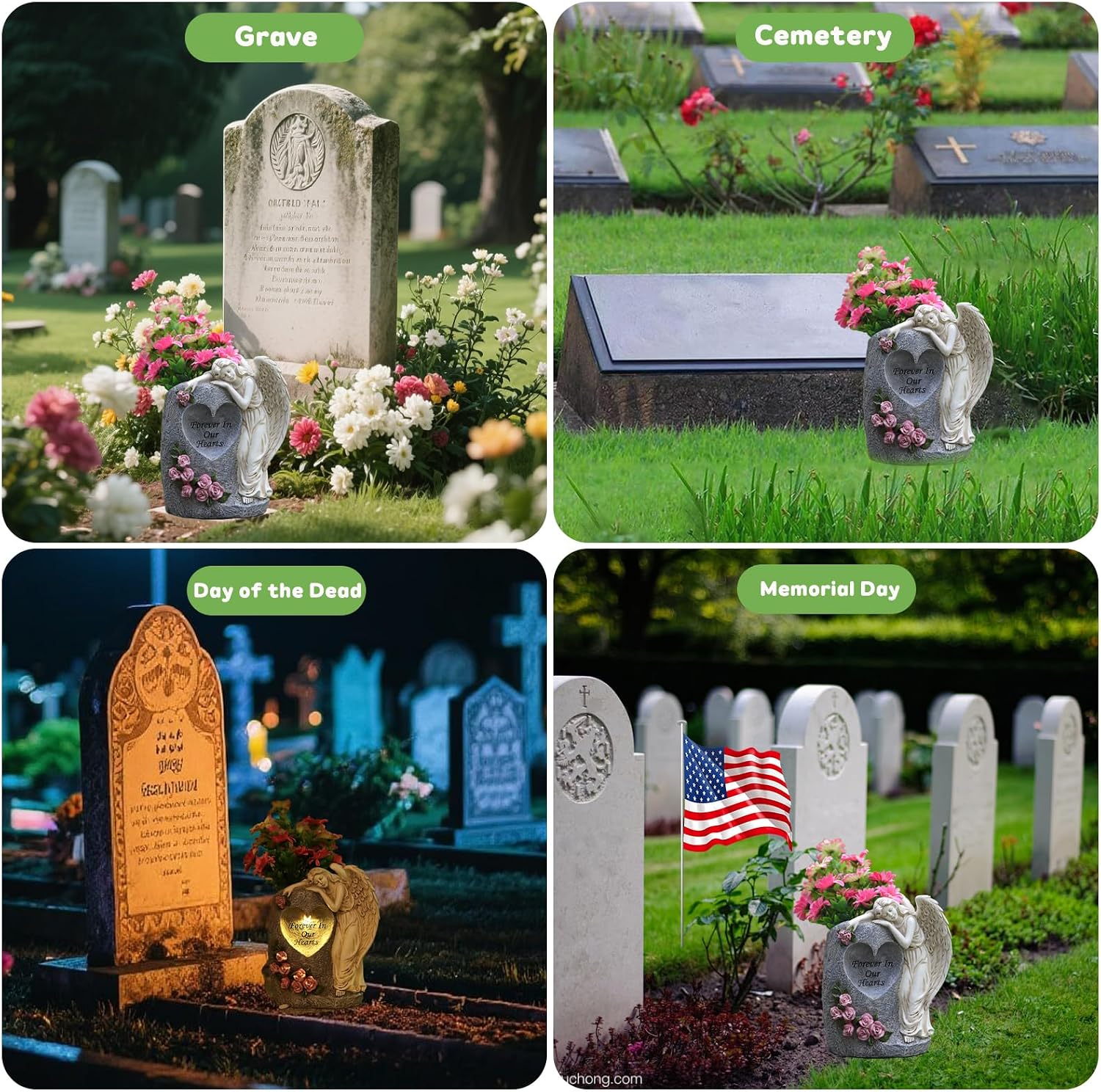 Solar Cemetery Vases for Grave, Resin Angel Headstones Vases with Spikes for Fresh Artificial Flowers, Grave Markers