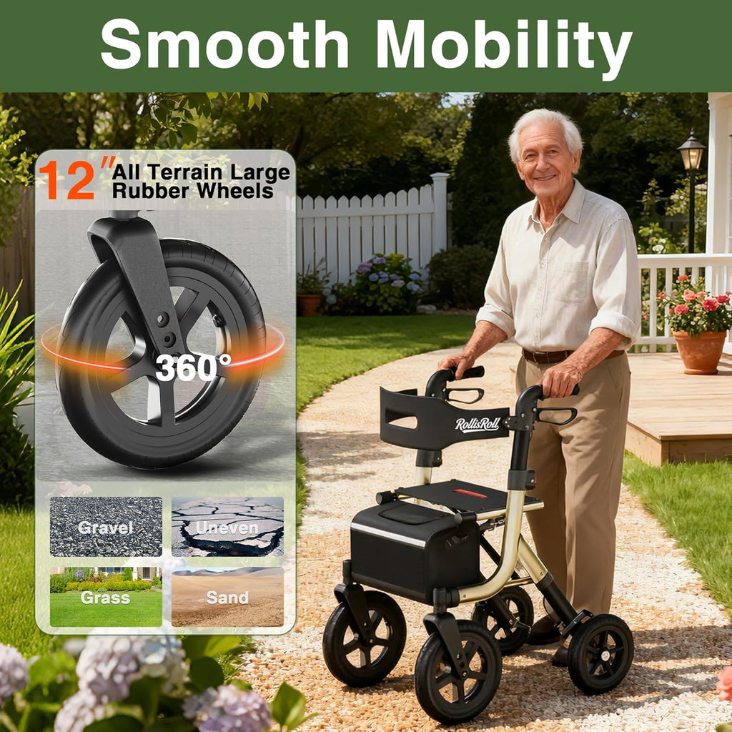 Walkers for Seniors, Rollator Walker with Seat, 12" Big Rubber Wheels All Terrain Rolling Walker with Backrest