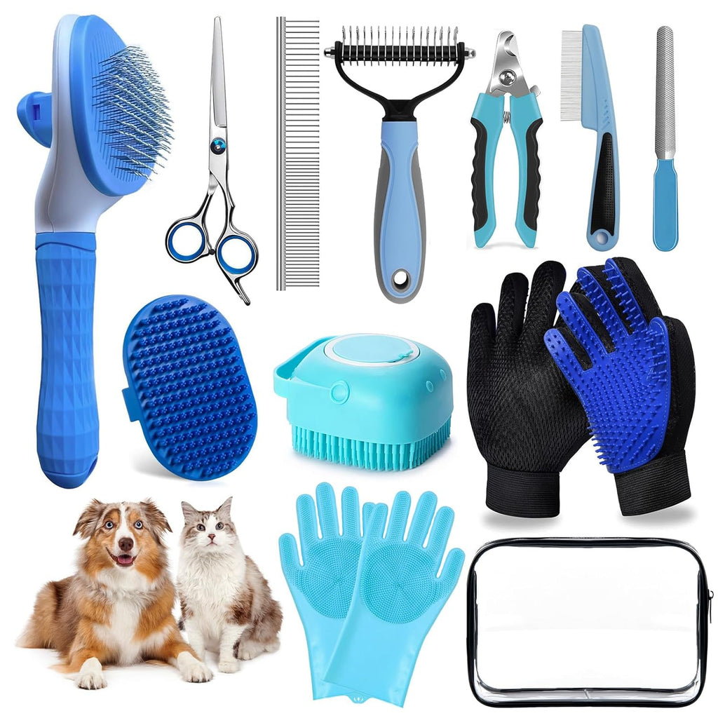 Dog Brush for Shedding 13pcs Bath Grooming Kit with Pet Nail Clipper and File - Dog Bath Brush Cat Grooming Supplies