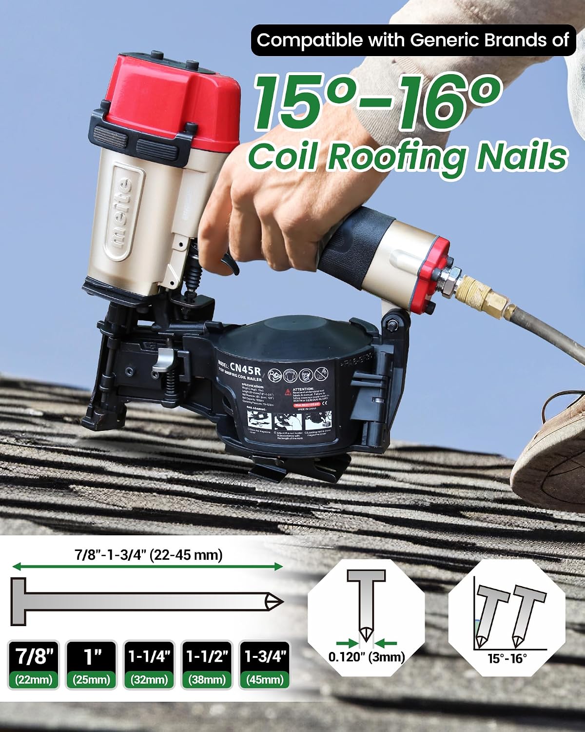 CN45R Roofing Nailer Pneumatic 15 Degree Coil Nail Gun 7/8" to 1-3/4"